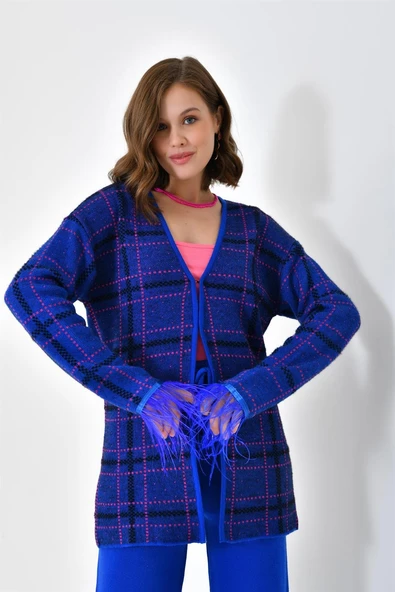 FTZ Women Kadın Kuş Tüyü Detaylı Pantolonlu Takım  Saks Mavi 20572 - Resim 6