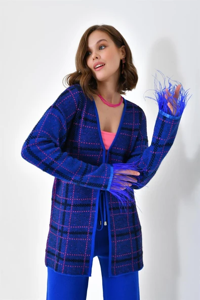 FTZ Women Kadın Kuş Tüyü Detaylı Pantolonlu Takım  Saks Mavi 20572 - Resim 4