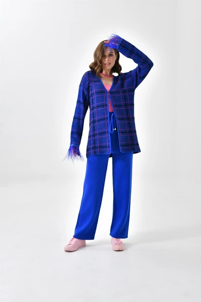 FTZ Women Kadın Kuş Tüyü Detaylı Pantolonlu Takım  Saks Mavi 20572 - Resim 2