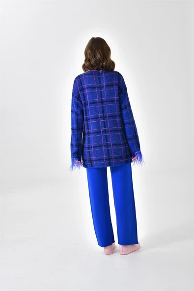 FTZ Women Kadın Kuş Tüyü Detaylı Pantolonlu Takım  Saks Mavi 20572 - Resim 7