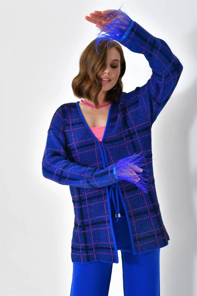 FTZ Women Kadın Kuş Tüyü Detaylı Pantolonlu Takım  Saks Mavi 20572 - Resim 5