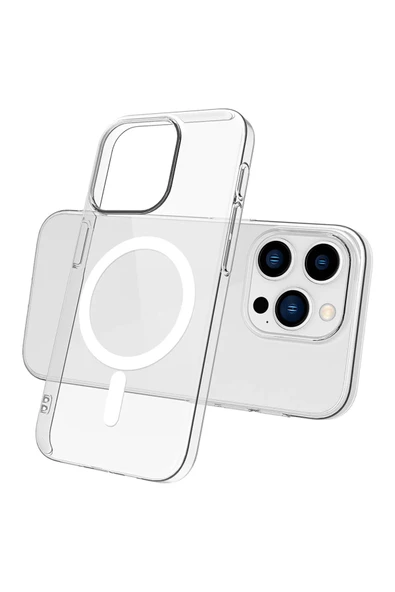 AbaTech iPhone 15 Pro Magsafe Uyumlu Kablosuz Şarj Destekli Şeffaf Sert Silikon Kılıf