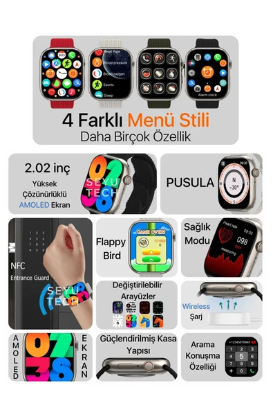 AbaTech İPHONE 7 - İPHONE 8 UYUMLU SMART WATCH HK9 PRO AMOLED EKRAN AKILLI SAAT - Resim 5