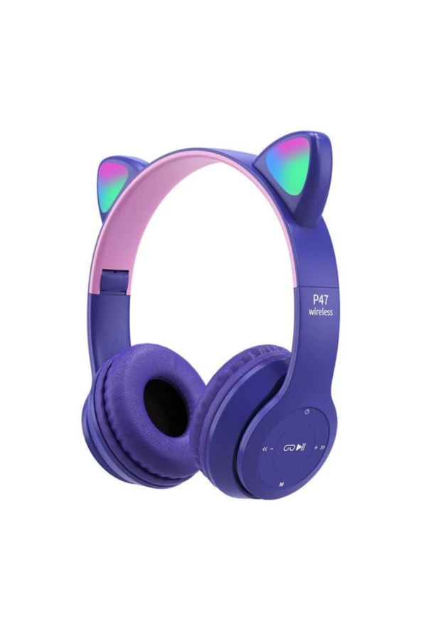 P47m Kablosuz Bluetooth Cat Rgb Işıklı Kedi Desenli Katlanabilir Kulaküstü Kulaklık - Mor