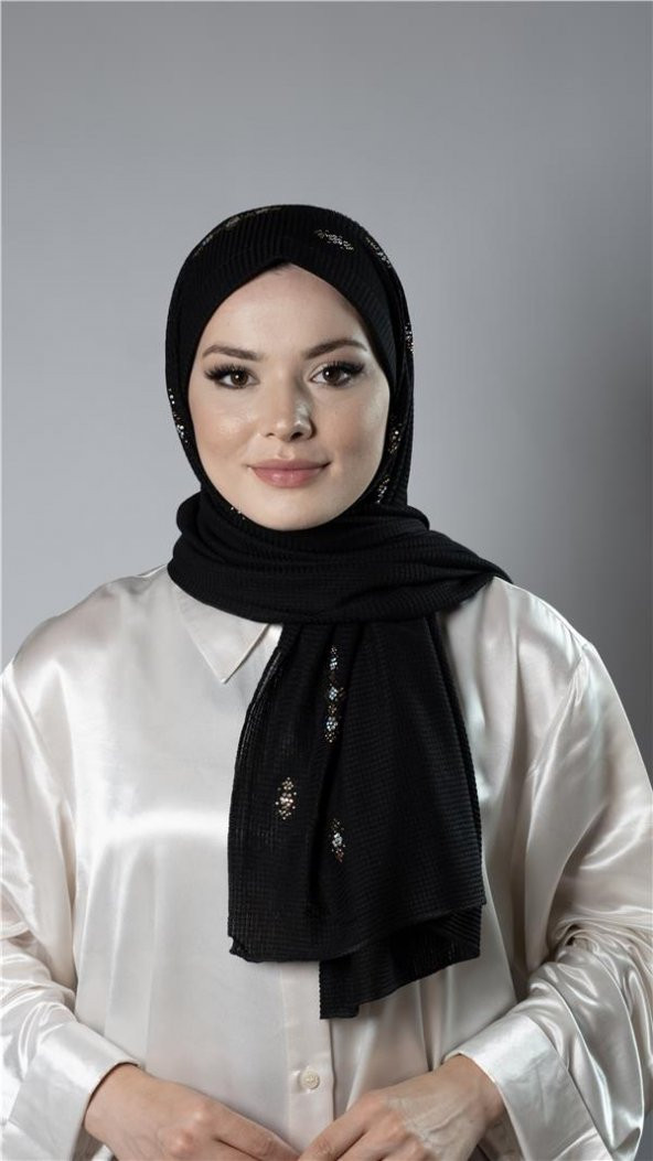Siyah Pratik Hazır Geçmeli Tesettür Şal Örme Kumaş Taşlı Çiçek Desenli  2118C_01