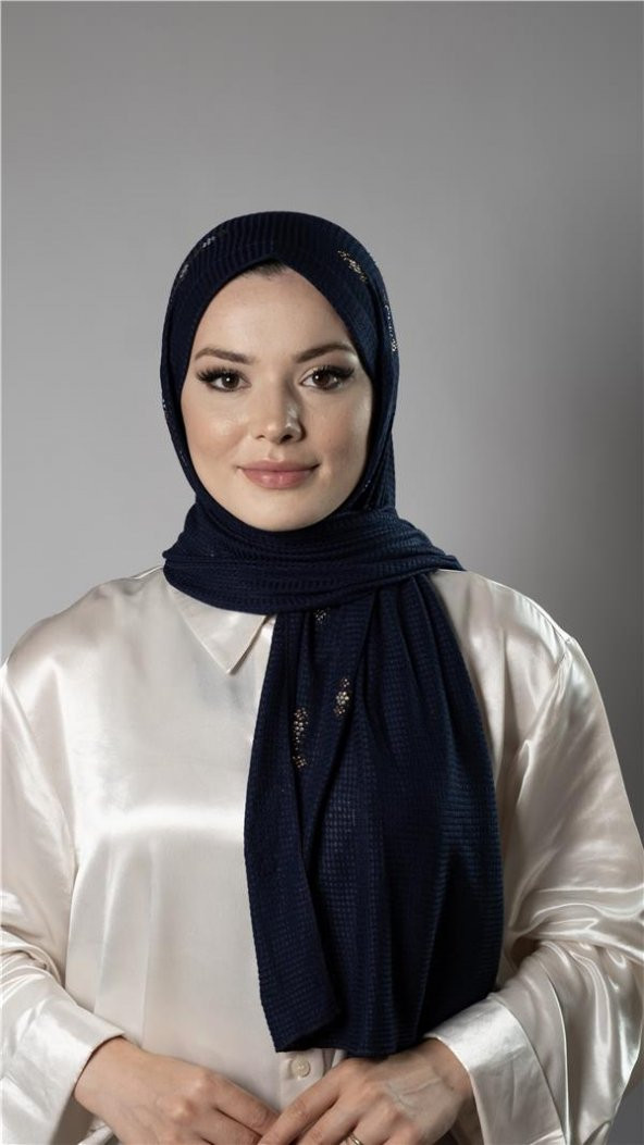 Lacivert Pratik Hazır Geçmeli Tesettür Şal Örme Kumaş Taşlı Çiçek Desenli  2118C_02