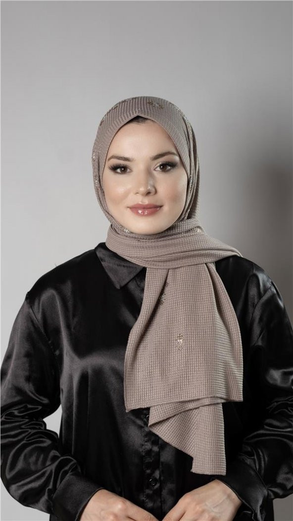 Vizon Pratik Hazır Geçmeli Tesettür Şal Örme Kumaş Taşlı Çiçek Desenli  2118C_10