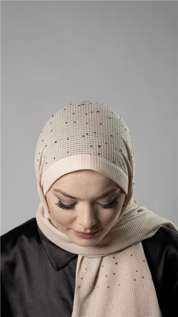 Bej Pratik Hazır Geçmeli Tesettür Şal Örme Kumaş Taş Desenli 2118T_12 - 2
