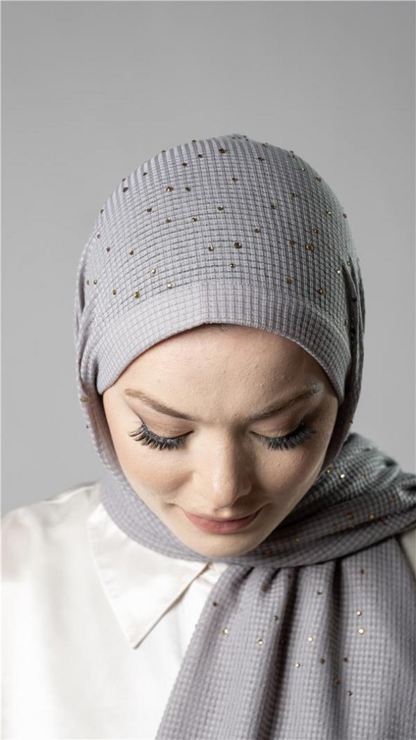 Gri Pratik Hazır Geçmeli Tesettür Şal Örme Kumaş Taş Desenli 2118T_15 - Resim 2