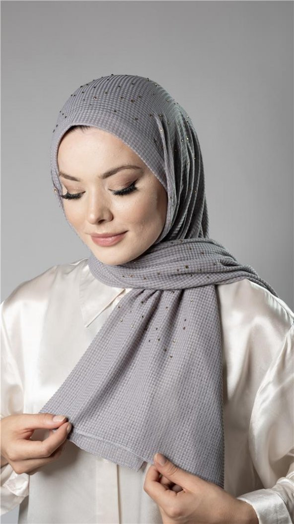 Gri Pratik Hazır Geçmeli Tesettür Şal Örme Kumaş Taş Desenli 2118T_15 - Resim 3