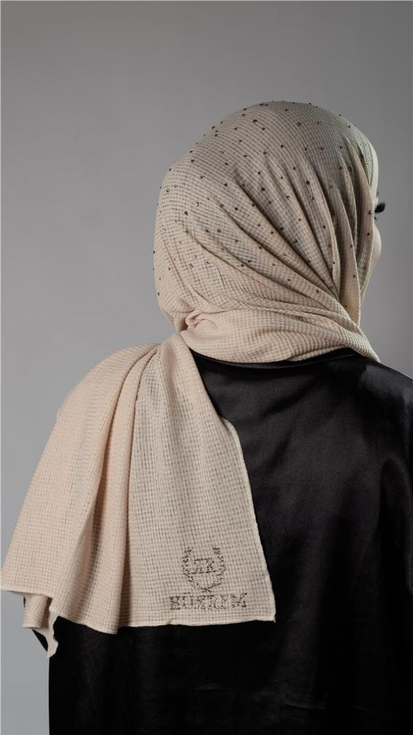Bej Pratik Hazır Geçmeli Tesettür Şal Örme Kumaş Taş Desenli 2118T_12 - 4