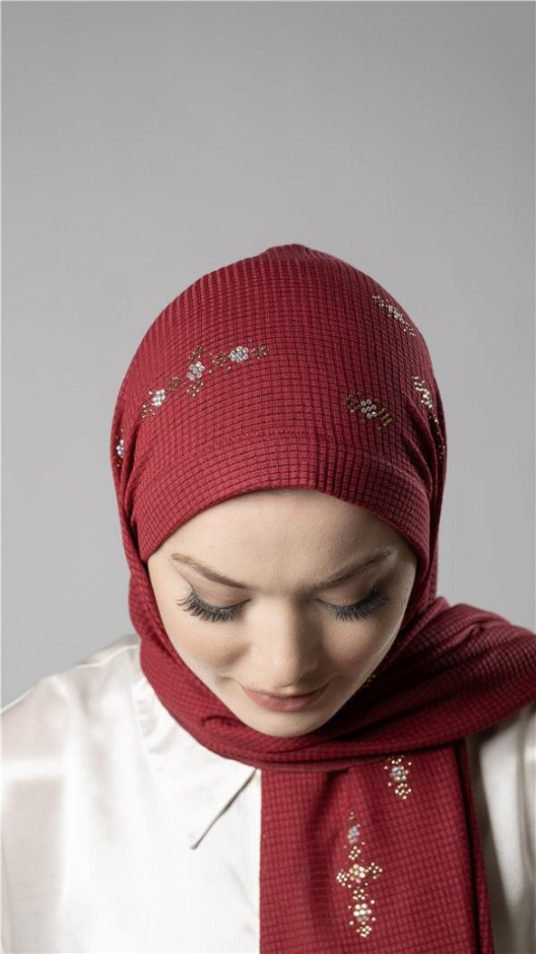 Bordo Pratik Hazır Geçmeli Tesettür Şal Örme Kumaş Taşlı Çiçek Desenli  2118C_16 - 2