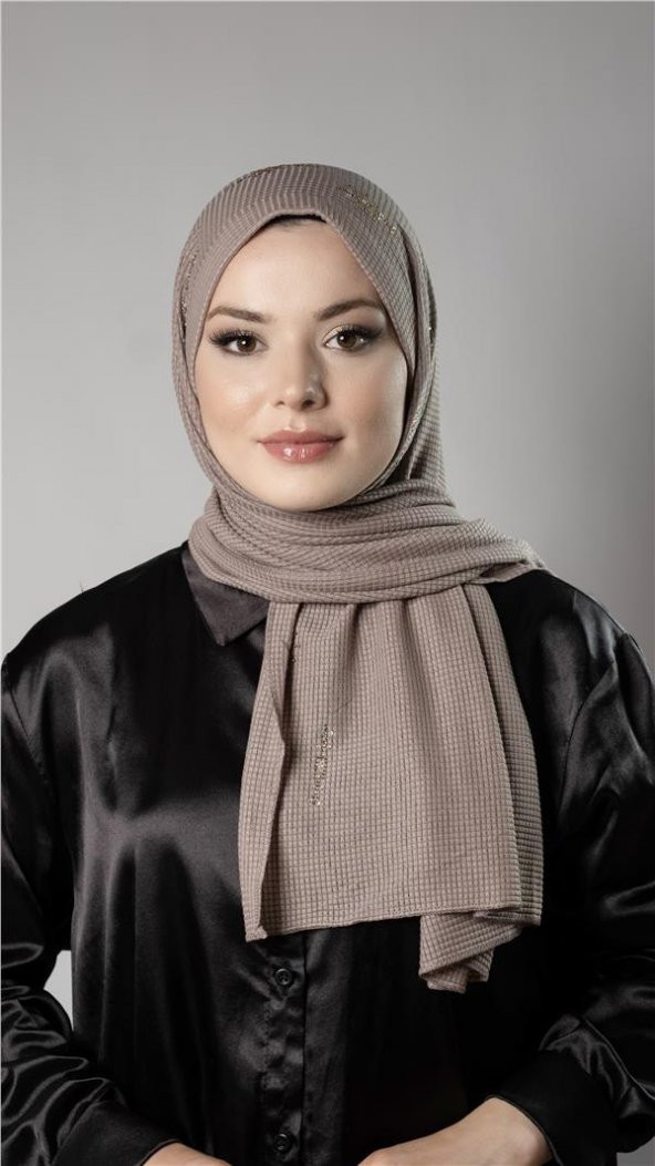 Vizon Pratik Hazır Geçmeli Tesettür Şal Örme Kumaş Taşlı Yıldız Desenli  2118Y_10 ürün görseli 1