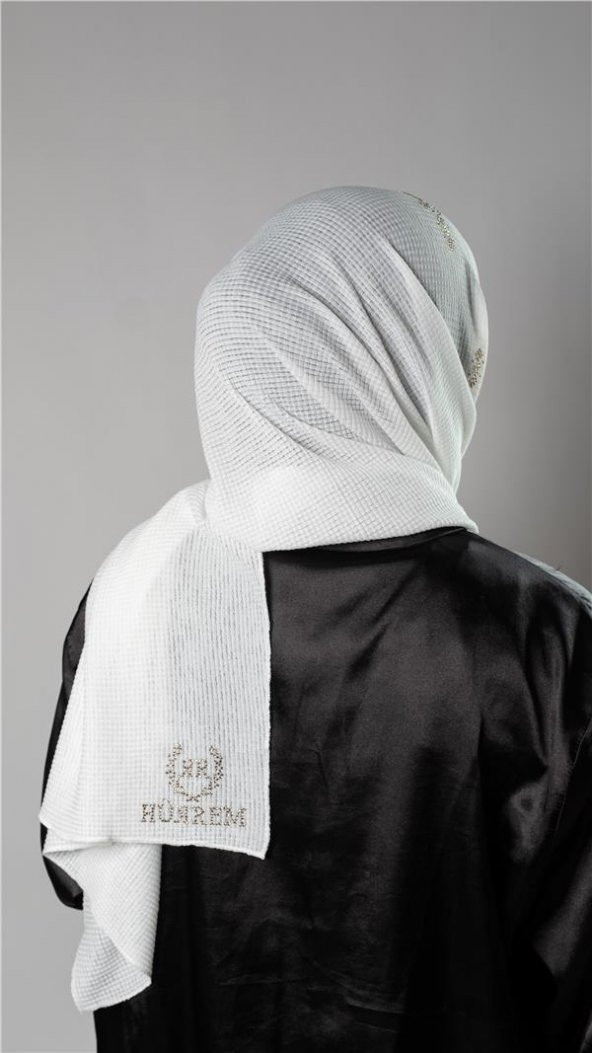 Beyaz Pratik Hazır Geçmeli Tesettür Şal Örme Kumaş Taşlı Çiçek Desenli  2118C_42 - 4