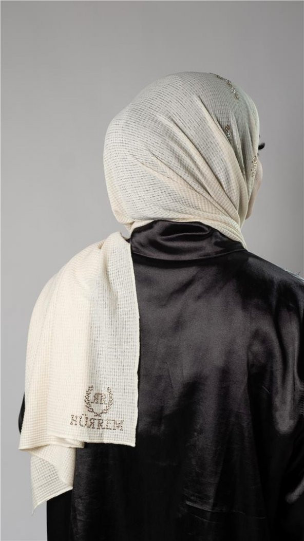 Krem Pratik Hazır Geçmeli Tesettür Şal Örme Kumaş Taşlı Çiçek Desenli  2118C_40 - 4