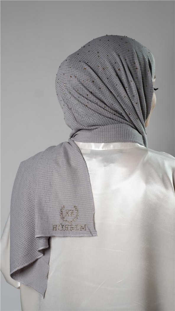 Gri Pratik Hazır Geçmeli Tesettür Şal Örme Kumaş Taş Desenli 2118T_15 - Resim 4