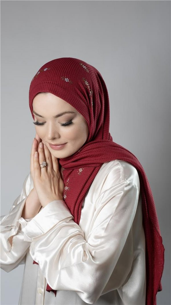 Bordo Pratik Hazır Geçmeli Tesettür Şal Örme Kumaş Taşlı Çiçek Desenli  2118C_16 - 3