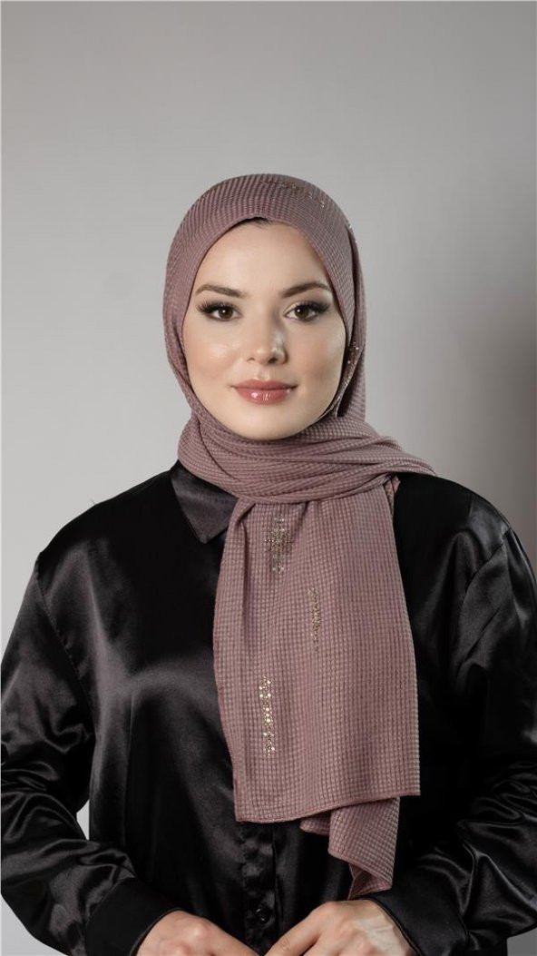 Gül Kurusu Pratik Hazır Geçmeli Tesettür Şal Örme Kumaş Taşlı Yıldız Desenli  2118Y_18