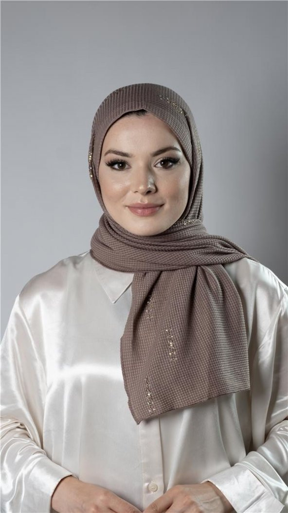 Koyu Vizon Pratik Hazır Geçmeli Tesettür Şal Örme Kumaş Taşlı Yıldız Desenli  2118Y_38 ürün görseli 1