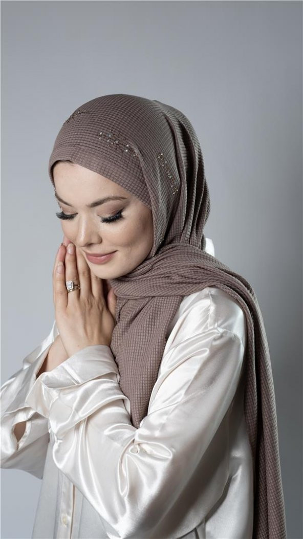 Koyu Vizon Pratik Hazır Geçmeli Tesettür Şal Örme Kumaş Taşlı Yıldız Desenli  2118Y_38 - Resim 2