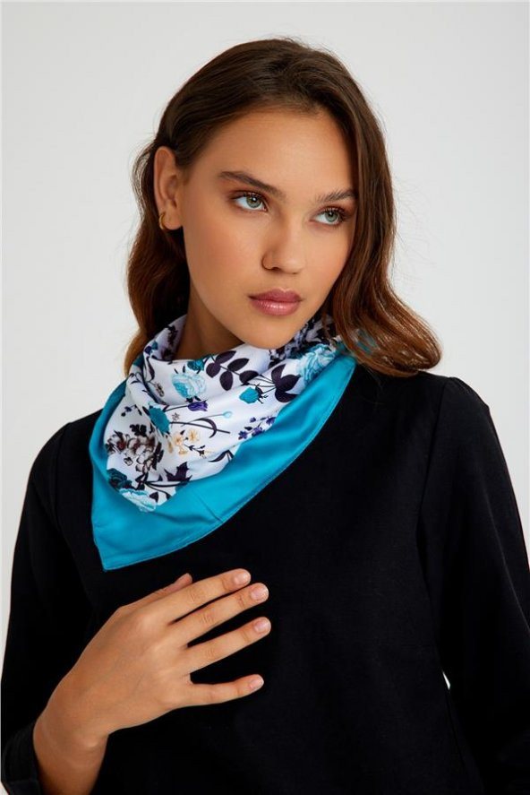 Beyaz Bandana Fular Saten Kumaş Çiçek Desenli 1014_42 - 2