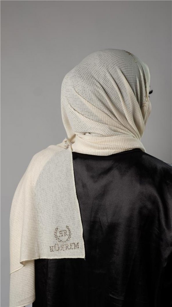 Krem Pratik Hazır Geçmeli Tesettür Şal Örme Kumaş Taşlı Yıldız Desenli  2118Y_40 - 4