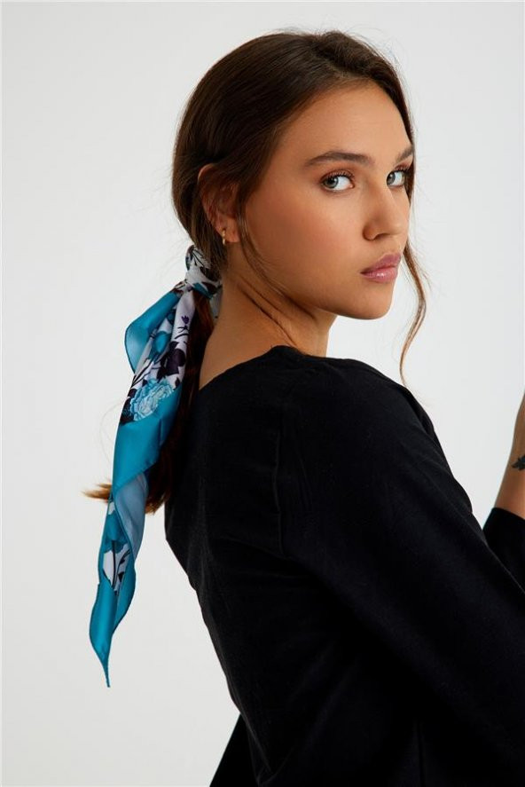 Beyaz Bandana Fular Saten Kumaş Çiçek Desenli 1014_42 - 3