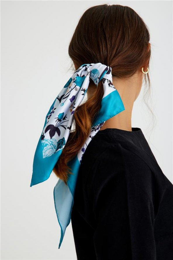 Beyaz Bandana Fular Saten Kumaş Çiçek Desenli 1014_42 - 4