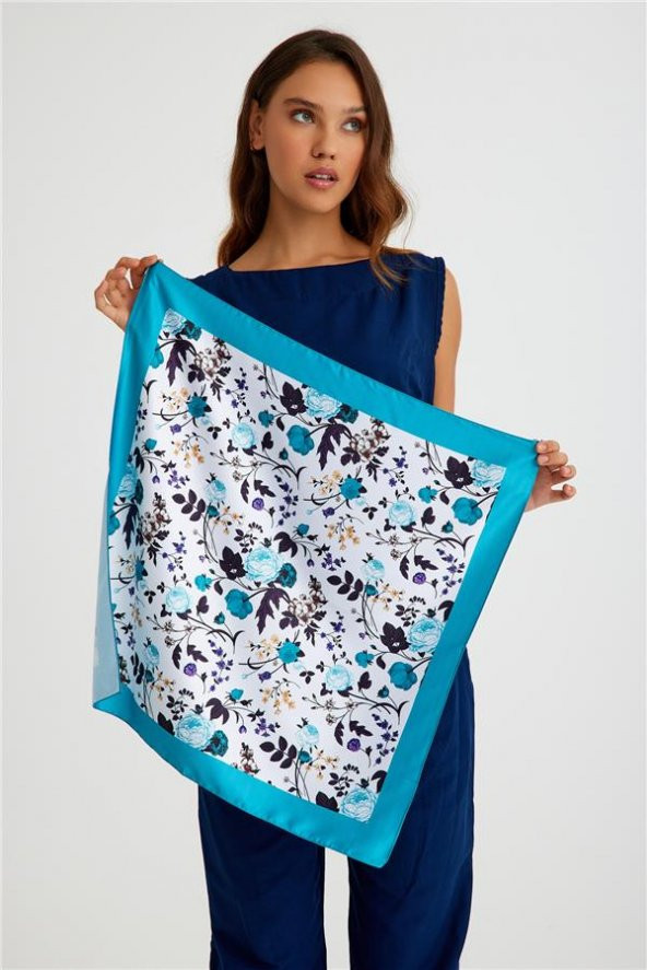 Beyaz Bandana Fular Saten Kumaş Çiçek Desenli 1014_42 - 5