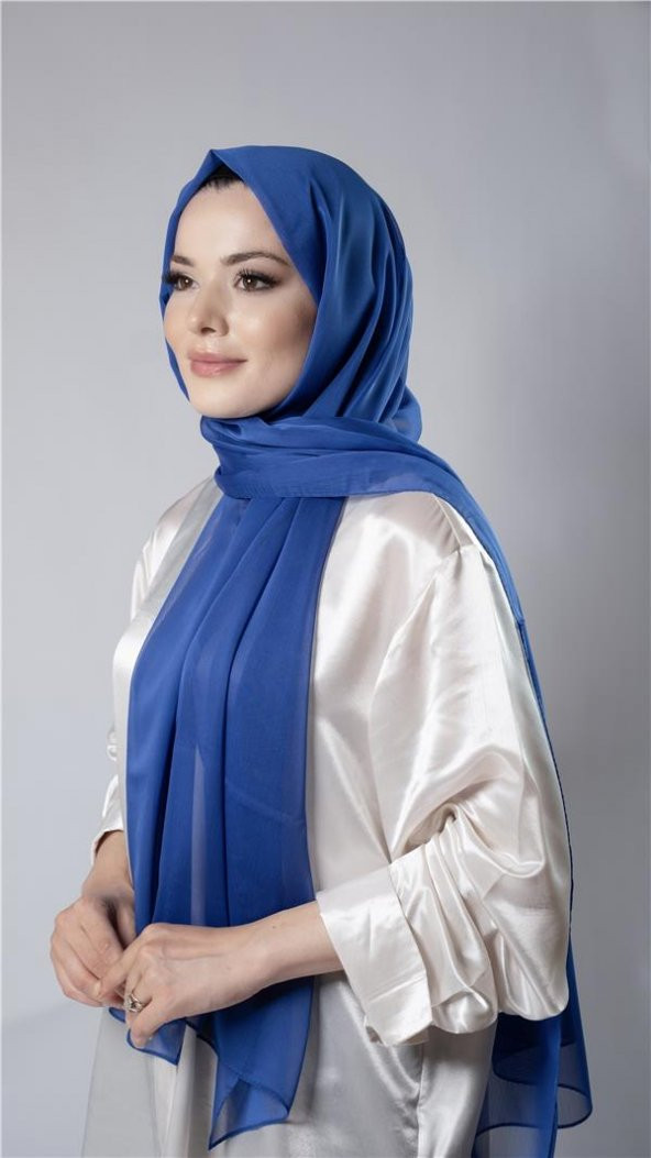 Saks Mavisi Düz Klasik Şal Şifon Kumaş Janjan Abiye 202108_24 - 3