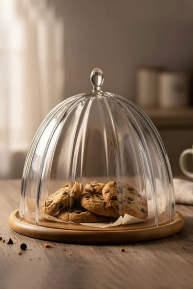 Paşabahçe 31601 Denizli Cam El İmalatı Kristal Ahşap Tablalı Cam Fanus ürün görseli 1