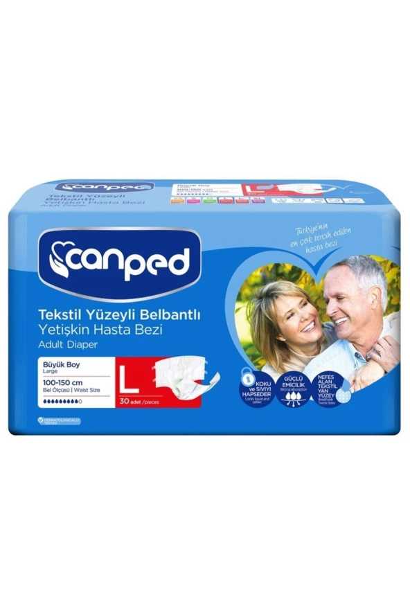Canped Tekstil Yüzeyli Belbantlı Büyük Boy L Beden 30'Lu Yetişkin Hasta Bezi