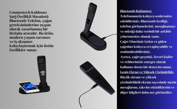 Cosmostech 2 in 1 Kablosuz Şarj Cihaz ve Standı, Kablosuz Şarj Özelliği Olan Tüm Cihazlar ile Uyumlu Masa Üstü Bluetooth Kablosuz Telefon - 4
