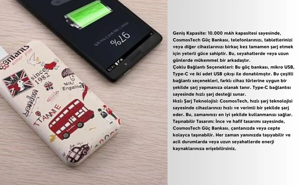 Cosmostech 10.000 Mah Powerbank Özel Resim England Temalı, Taşınabilir Güç Bankası - 4