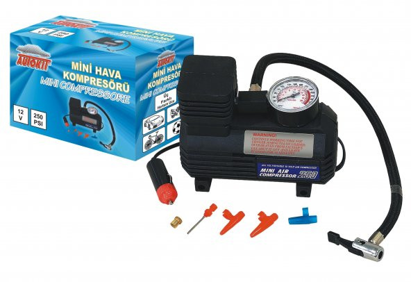 Autokit Oto Araç Mini Kompresör Hava Kompresörü 12 V 250 Psı Araba Hava Pompası Lastik Şişirici Taşınabilir