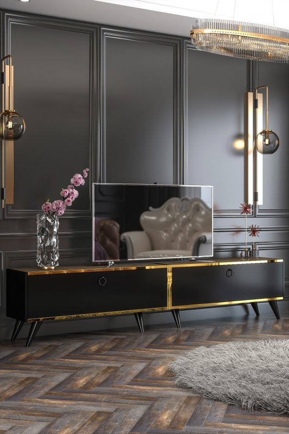 Givayo Mobilya Starlight Tv Ünitesi Siyah Ceviz Altın Bant