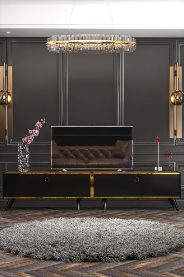 Givayo Mobilya Starlight Tv Ünitesi Siyah Ceviz Altın Bant - 2