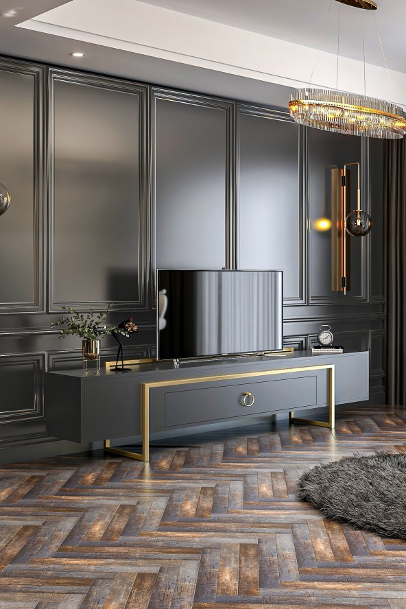 Givayo Mobilya Vega Tv Ünitesi Gold Demir Ayak Antrasit 180 Cm