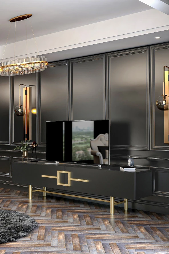 Givayo Mobilya Ashiva Tv Ünitesi 180 Cm Antrasit Altın - Resim 3