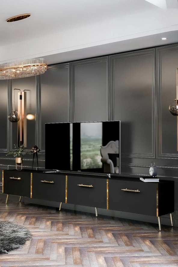 Givayo Mobilya Maria Tv Ünitesi Duvara Monte/ Ayaklı Kullanım 240 cm Siyah-Altın - 4