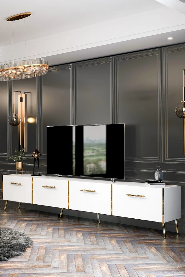 Givayo Mobilya Maria Tv Ünitesi Duvara Monte/ Ayaklı Kullanım 240 cm Beyaz-Altın - 4