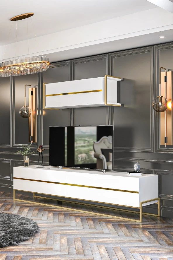 Givayo Mobilya Lyones Tv Ünitesi Beyaz Altın 180 Cm - Resim 3