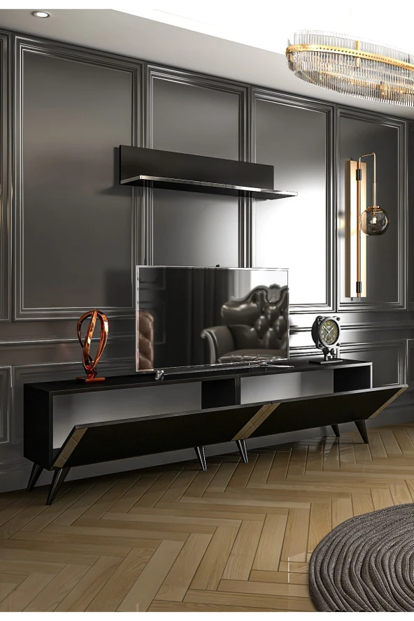 Givayo Mobilya Texas Tv Ünitesi 200 Cm Siyah Gümüş Bant - 3