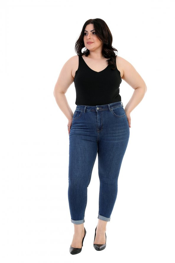 Paçaları Katlı ve Yüksek Belli Cepli Astarsız Dar Kalıp Kadın Kot Pantolon Koyu Mavi Denim Jean - 2