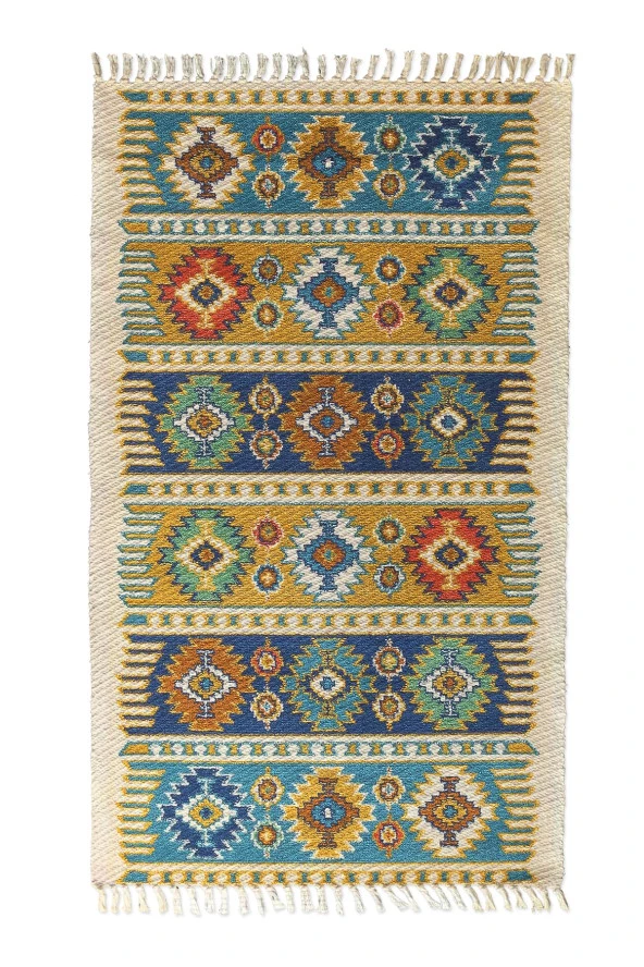 Soho Alaçatı 9 Renkli Şerit ve Otantik Motif Kara Tezgah Halı Çift Taraflı Kilim