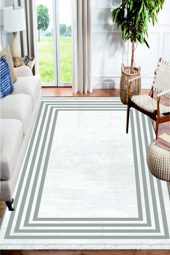 Beyaz Gri Bordürlü Desenli Yıkanabilir Kaymaz Salon Halısı Dekoratif Kilim Arm-1241