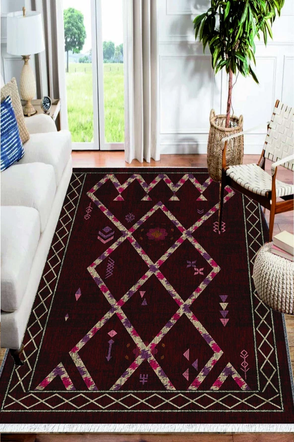 Mor Iskandinav Motifler Desenli Yıkanabilir Kaymaz Salon Halısı Dekoratif Kilim Arm-1205