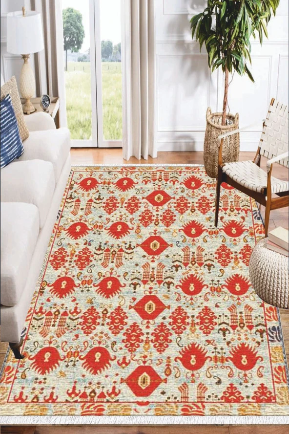 Soho Kırmızı Osmanlı Motifli Desenli Yıkanabilir Kaymaz Salon Halısı Dekoratif Kilim Arm-1093