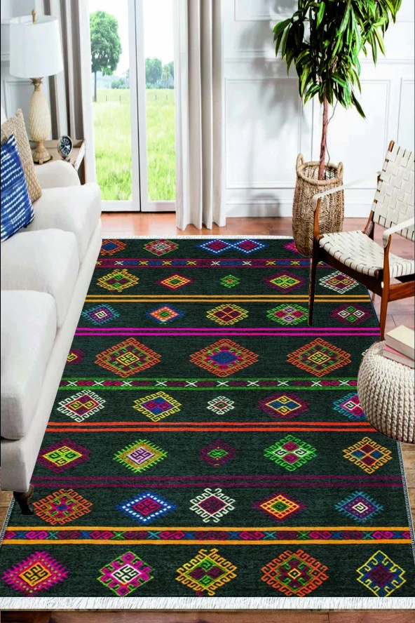 Anadolu Motifli Desenli Yıkanabilir Kaymaz Salon Halısı Dekoratif Kilim Arm-1086