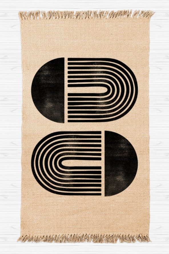 Doğal Jüt Hasır Görünümlü Minimal Parmak Izi Kara Tezgah Dokuma Halı Saçaklı Kilim - 1
